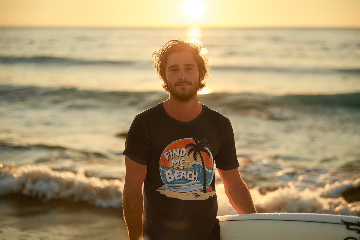 Man wearing a black version of the Find Me at the Beach t-shirt standing by the ocean at sunset