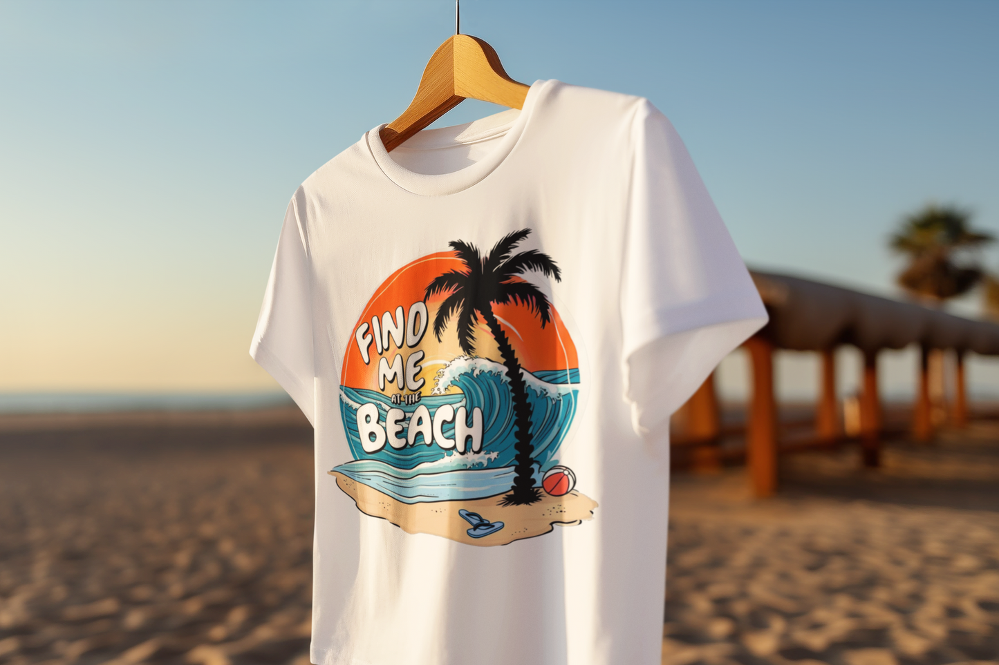 Find Me at the Beach t-shirt hanging on a wooden hanger with a sunset background on the beach