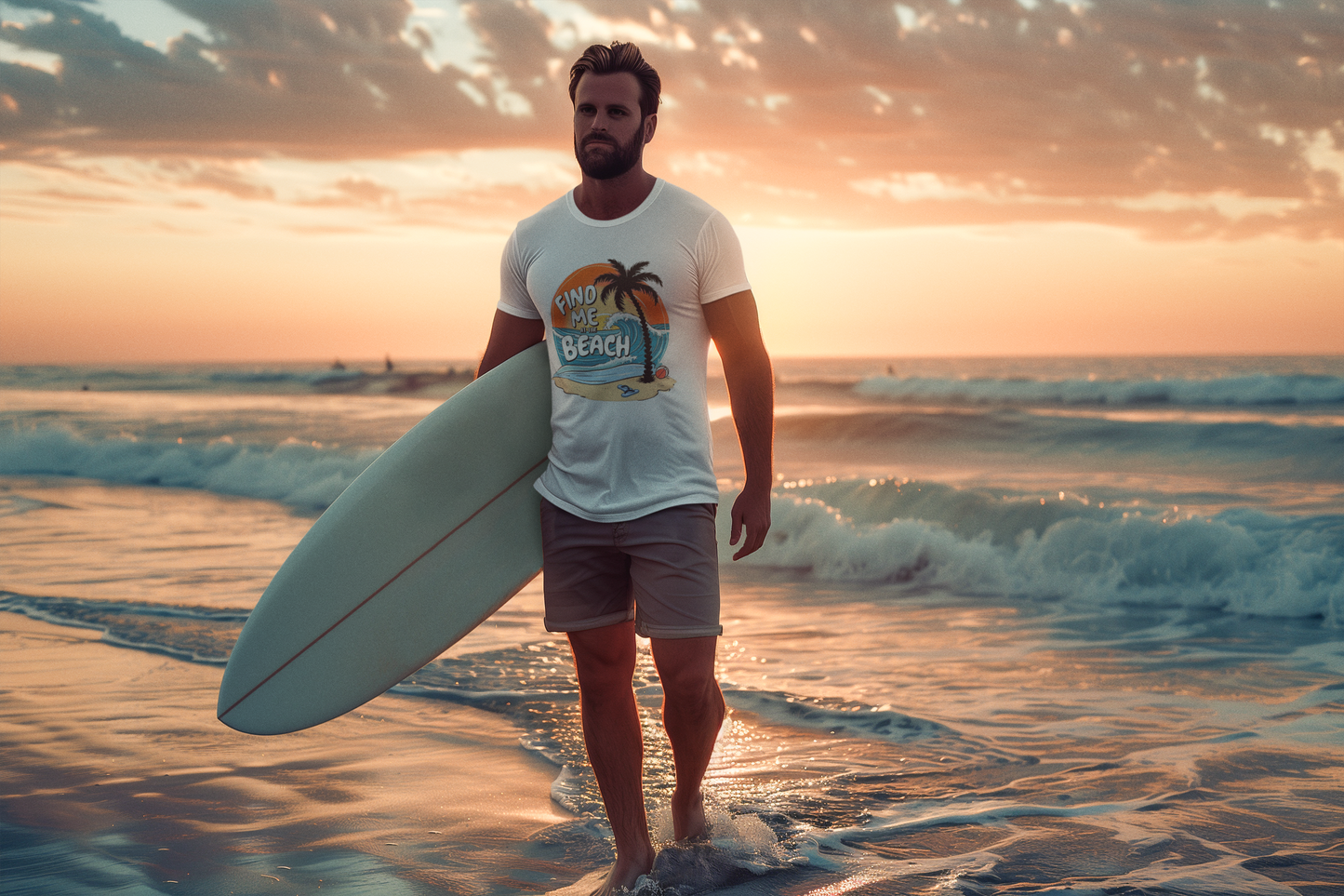 Man walking on the shore with a surfboard, wearing the Find Me at the Beach sunset t-shirt