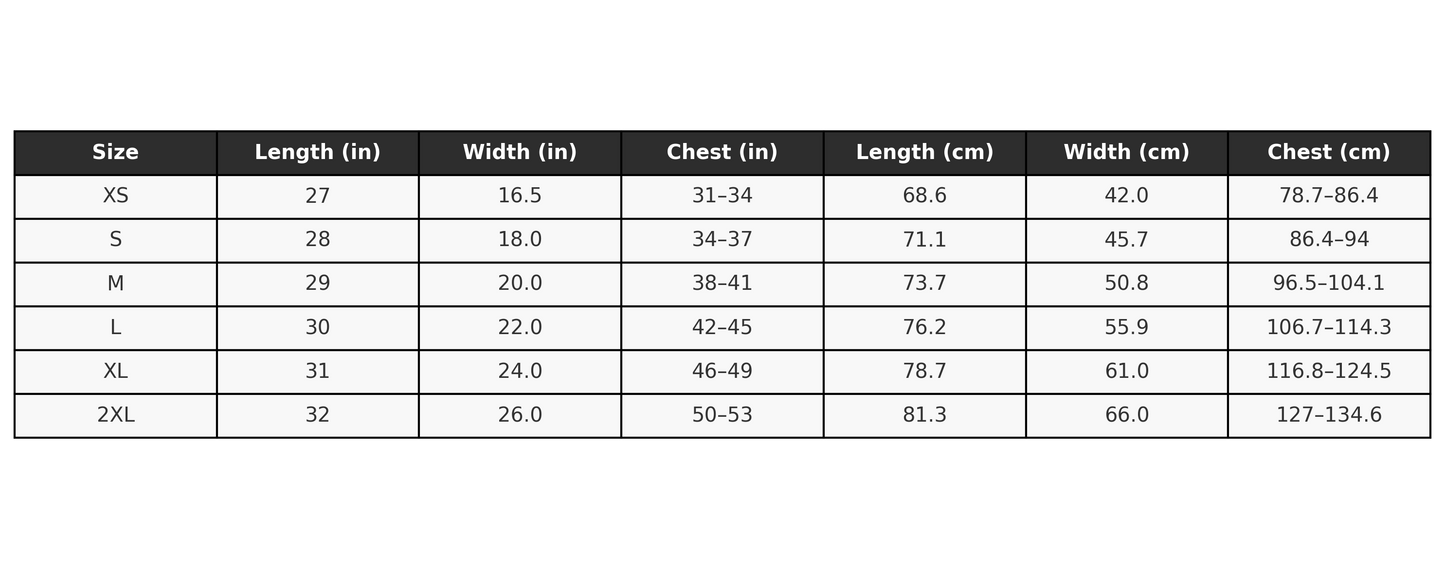 Unisex t-shirt size chart with length, width, and chest measurements in inches and centimeters for sizes XS to 2XL