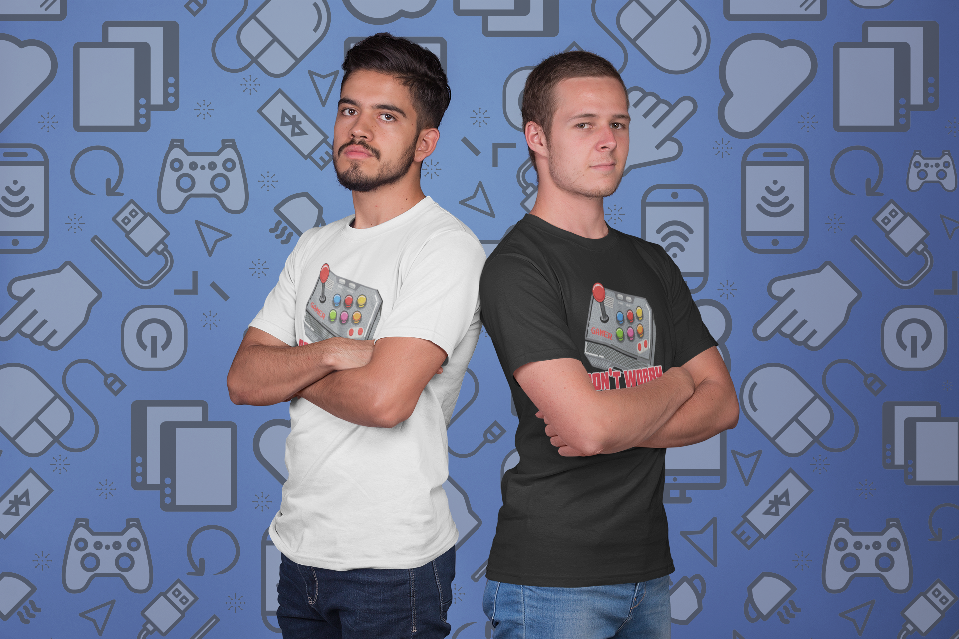 Two gamers standing back-to-back in matching white and black "Just One More Game" T-shirts